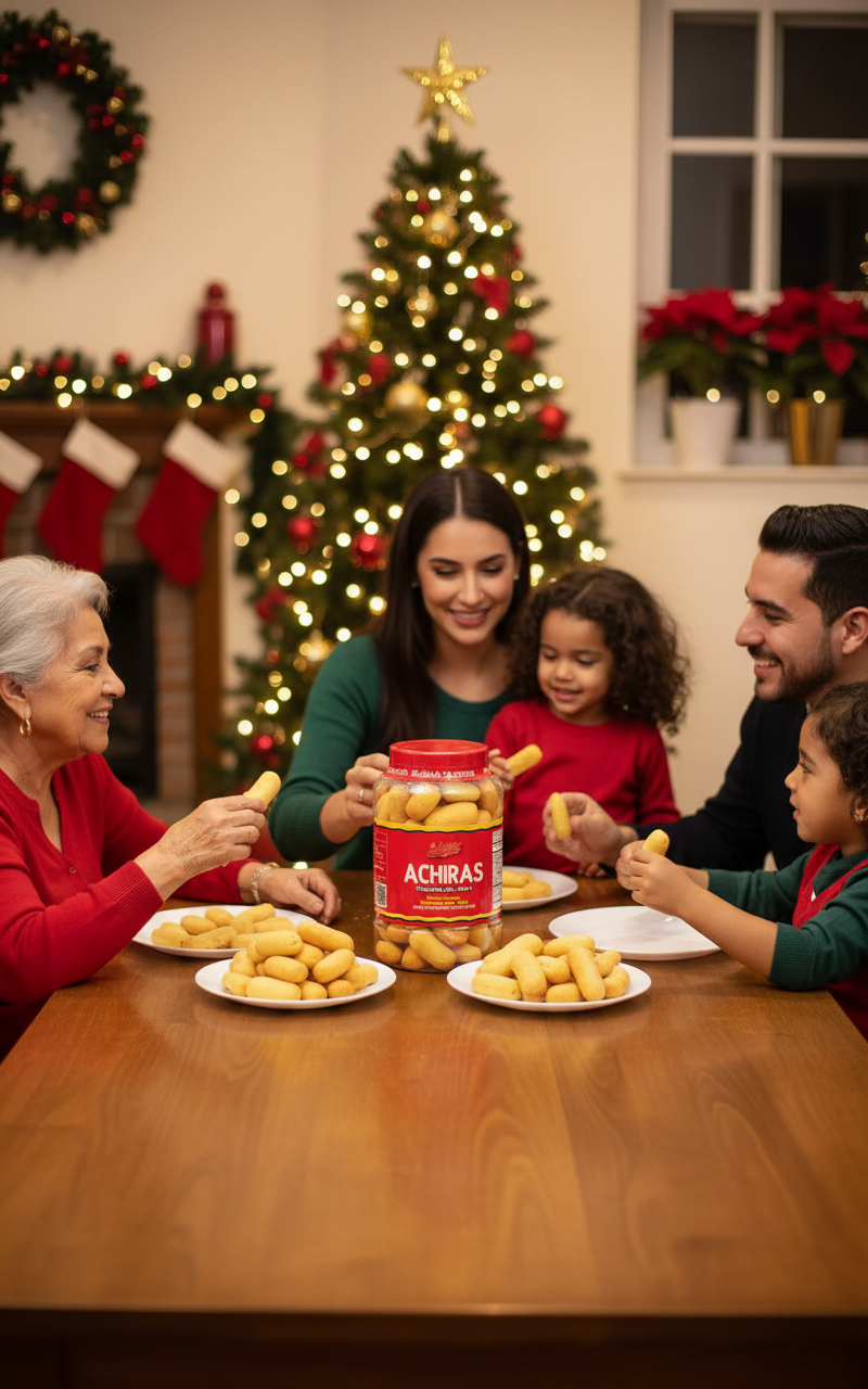 Familia compartiendo achiras en Navidad